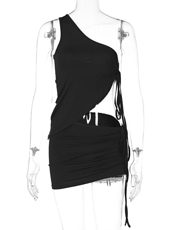 New one - shoulder design vest and pleated skirt two - piece set - Skirt Suit